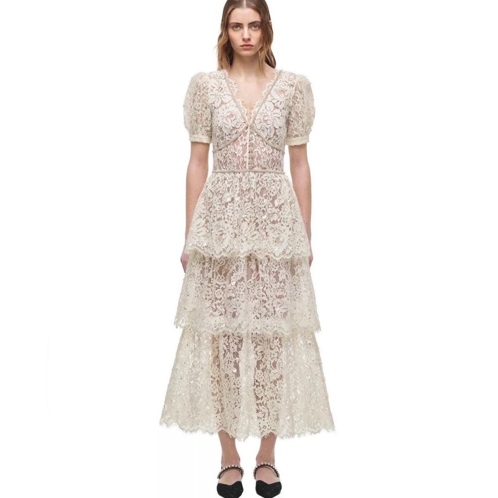 Self-Portrait Cream Tiered Lace Midi Dress